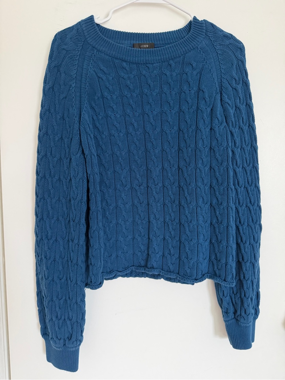 J.Crew Blue Cable Knit Cotton Sweater Size L Crewneck Fisherman Pullover